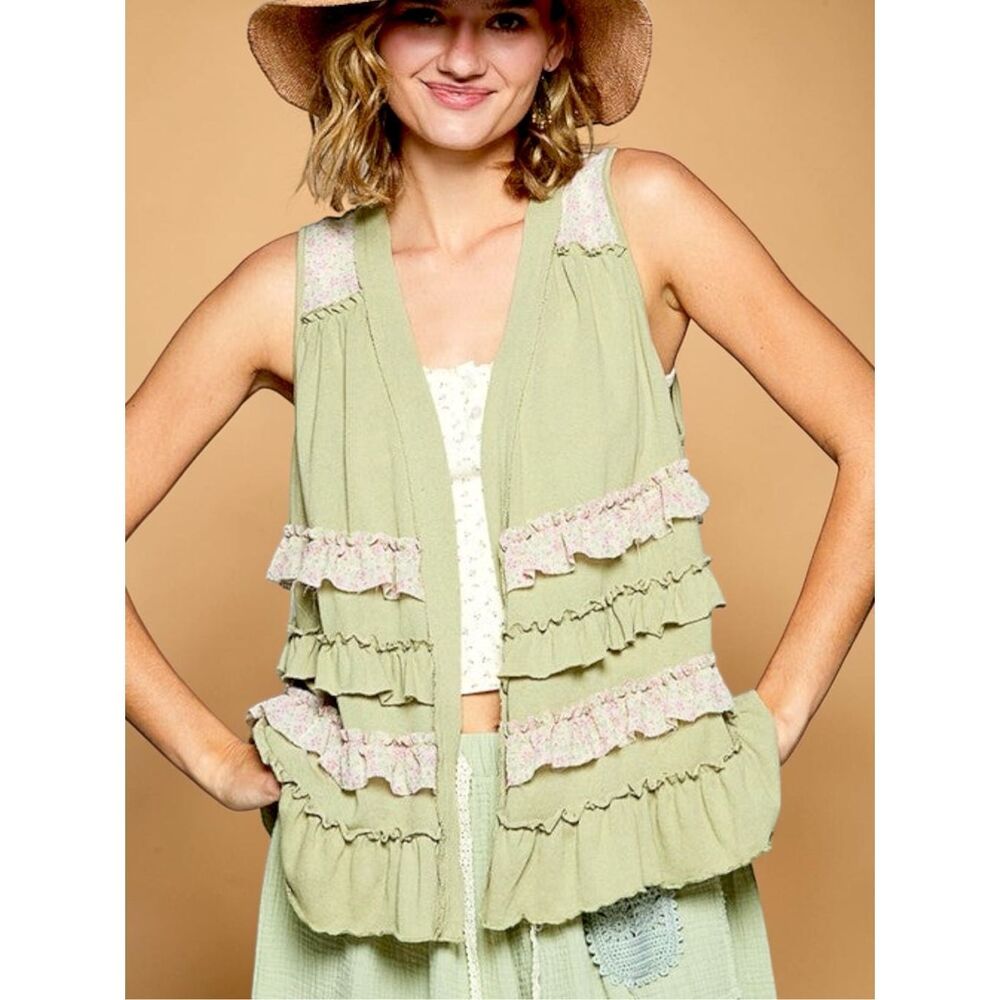 POL Ruffle Open Front Vest Cardigan Sage Boho Layering Sleeveless Top Medium NEW